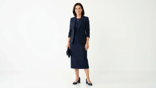 Woman in navy midi dress with structured blazer and block heels for conference keynote presentation