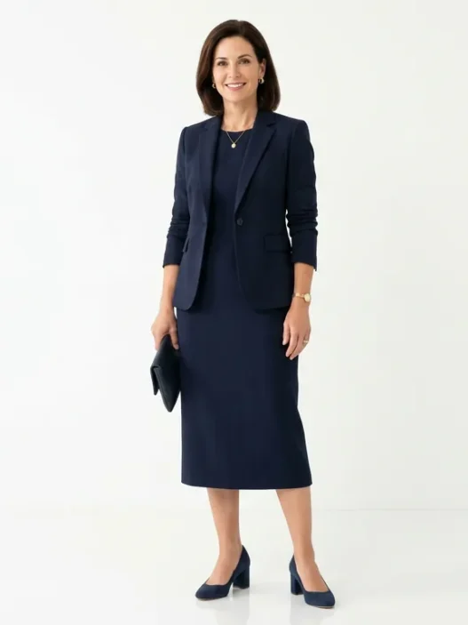 Woman in navy midi dress with structured blazer and block heels for conference keynote presentation