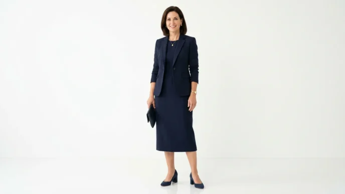 Woman in navy midi dress with structured blazer and block heels for conference keynote presentation