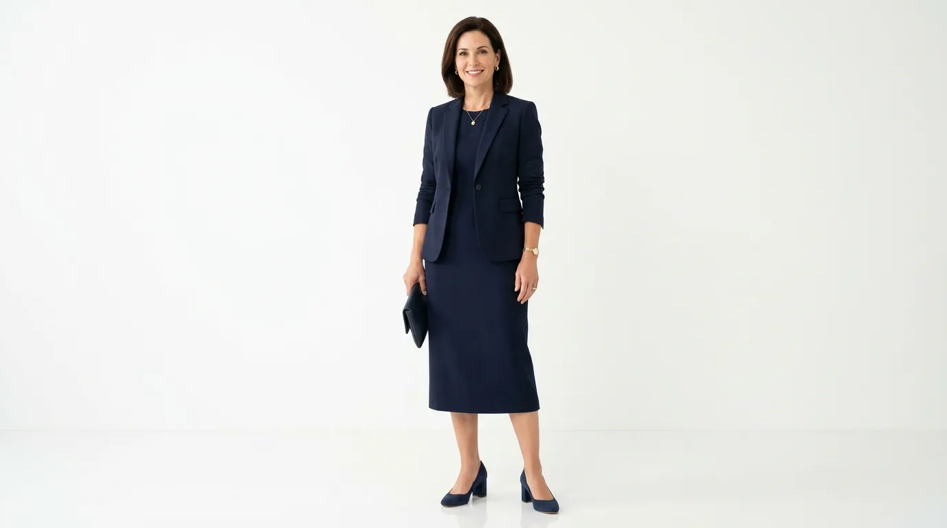 Woman in navy midi dress with structured blazer and block heels for conference keynote presentation