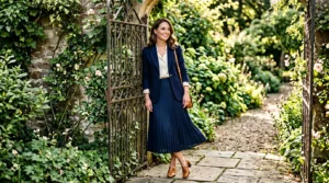 Woman in navy pleated midi skirt and cream silk blouse with structured blazer standing by garden gate