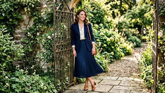 Woman in navy pleated midi skirt and cream silk blouse with structured blazer standing by garden gate