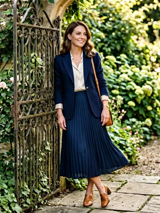 Woman in navy pleated midi skirt and cream silk blouse with structured blazer standing by garden gate