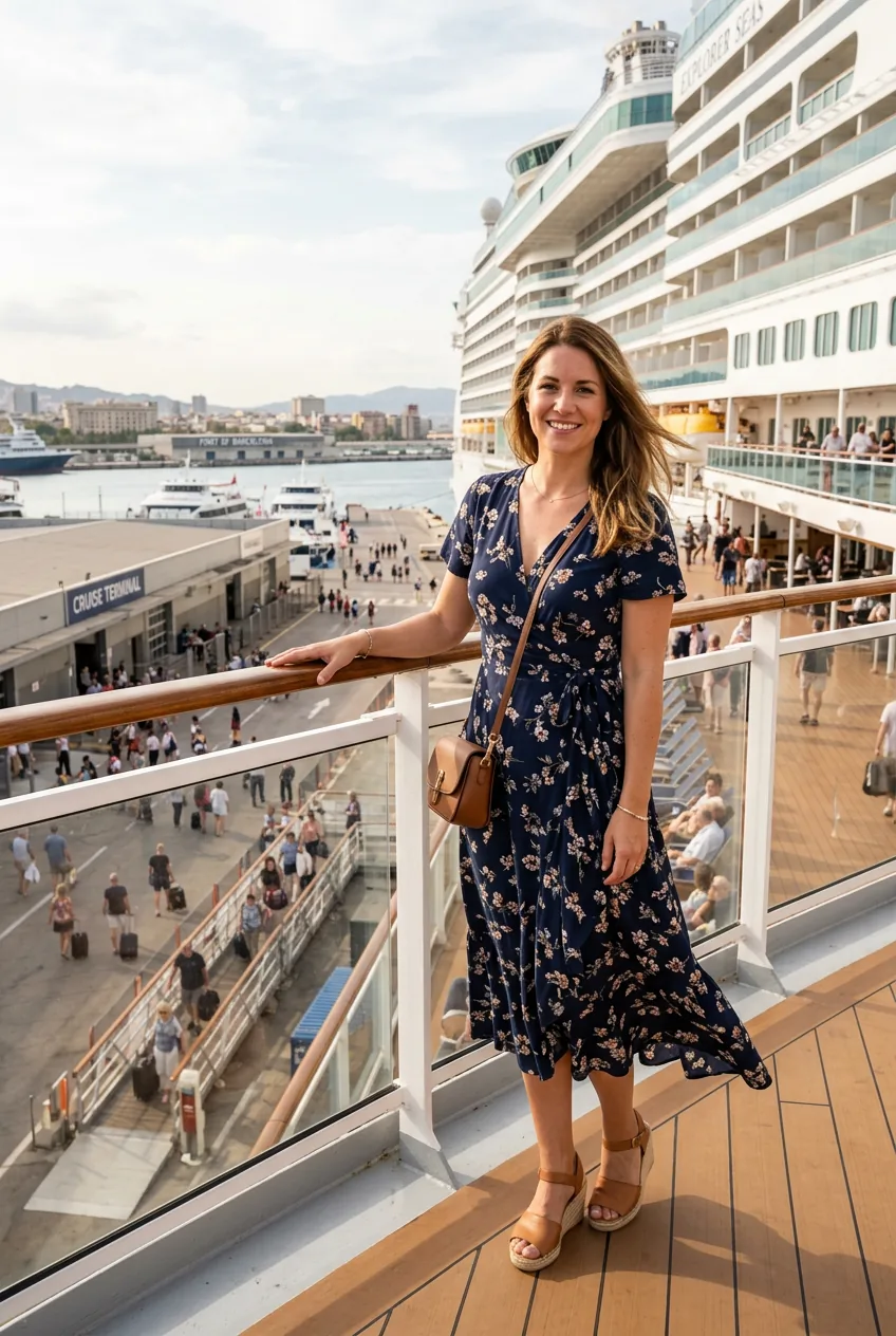 Woman wearing navy wrap midi dress with wedge sandals standing near cruise ship railing
