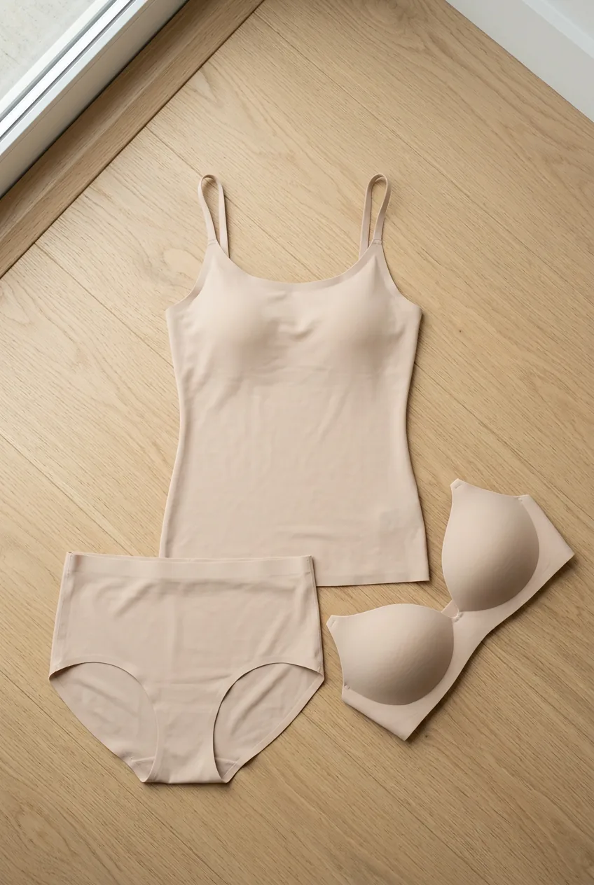 Nude beige fitted camisole and seamless undergarments laid flat showing foundation layer construction
