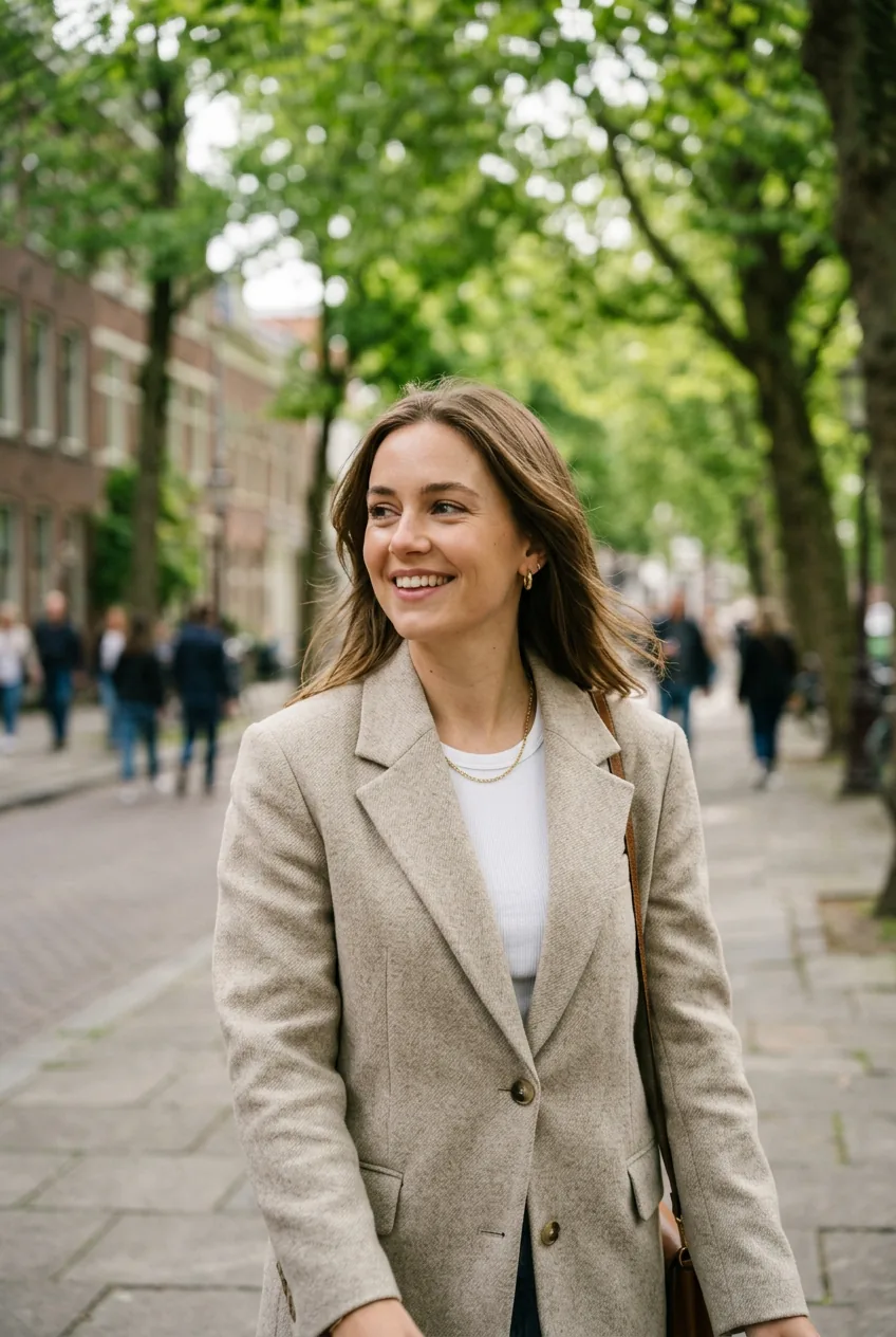 Woman in perfectly fitted oatmeal blazer with dropped shoulders walking on tree-lined sidewalk