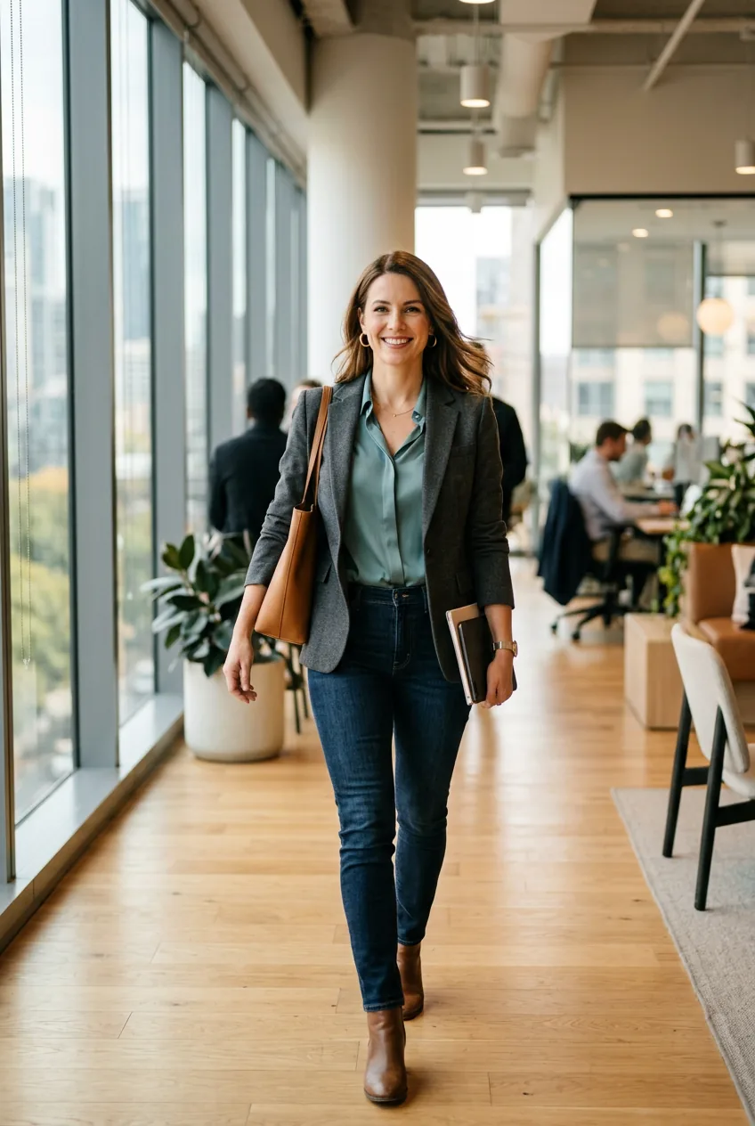 Professional woman in dark jeans, silk blouse and structured blazer in modern office with natural window lighting