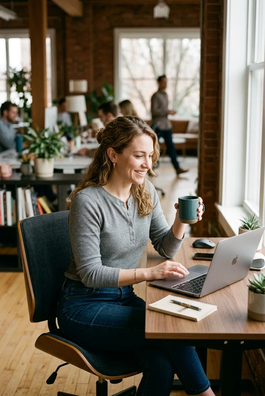Professional woman in henley and jeans sitting at office desk with natural window lighting