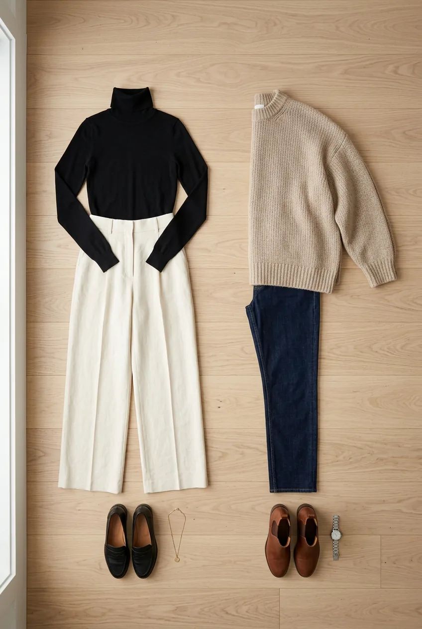 Side-by-side comparison of fitted turtleneck with wide trousers versus loose sweater with fitted jeans