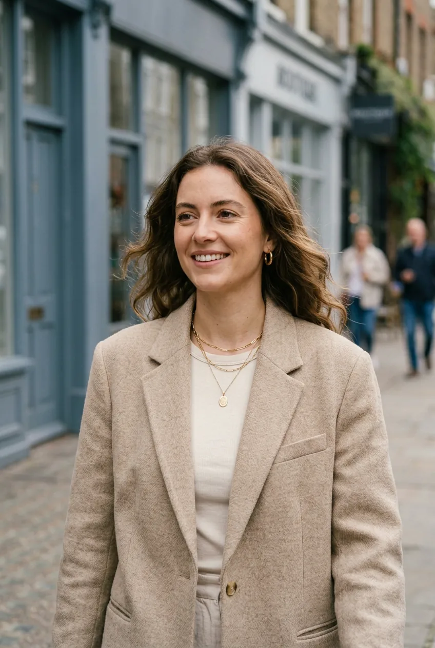 Woman in oversized beige blazer and cream wide-leg trousers walking confidently past urban storefronts