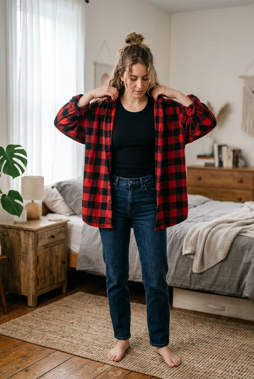 Woman wearing oversized red flannel over fitted tank demonstrating proportional contrast in grunge looks