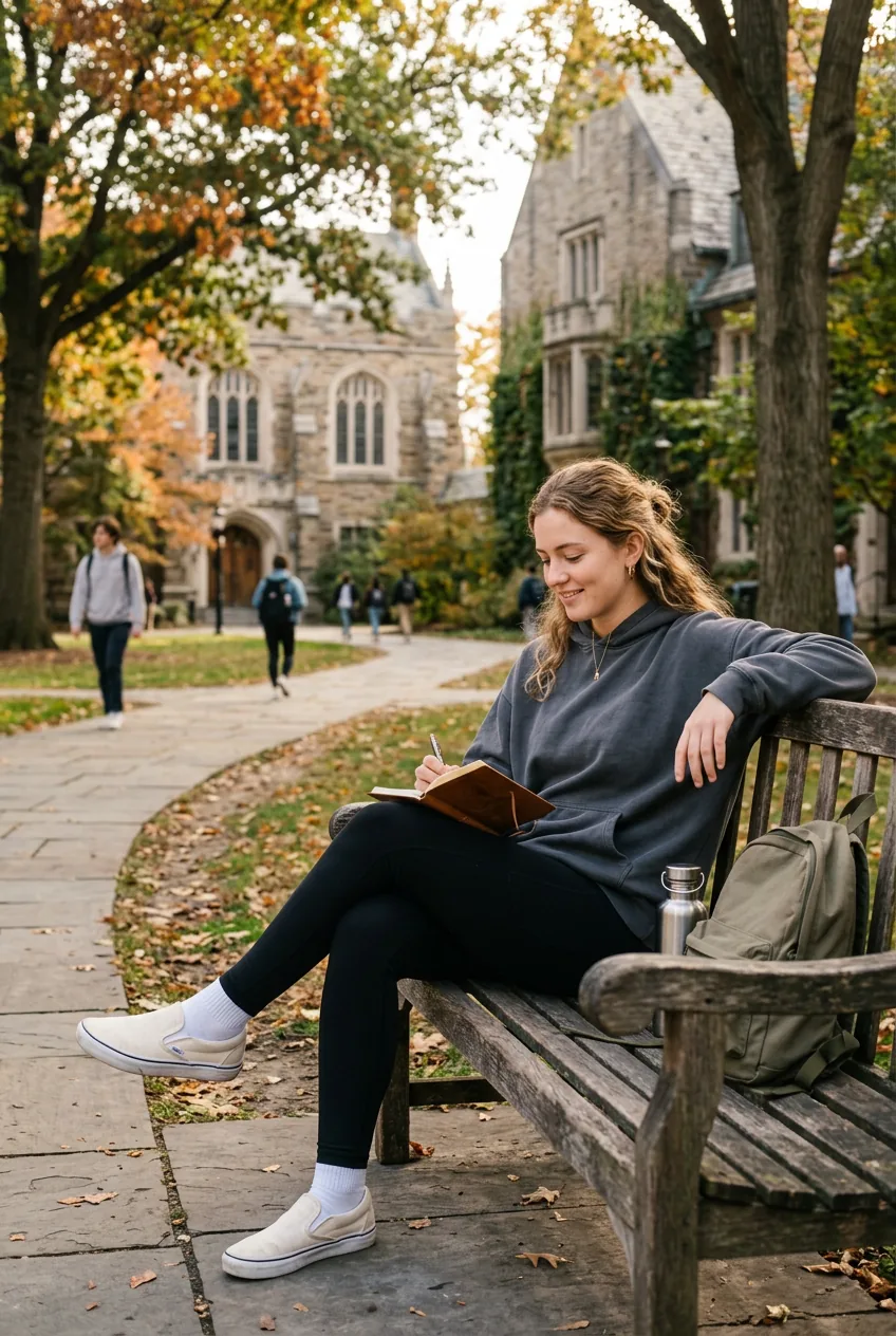 Woman wearing oversized hoodie and black leggings in relaxed campus pose