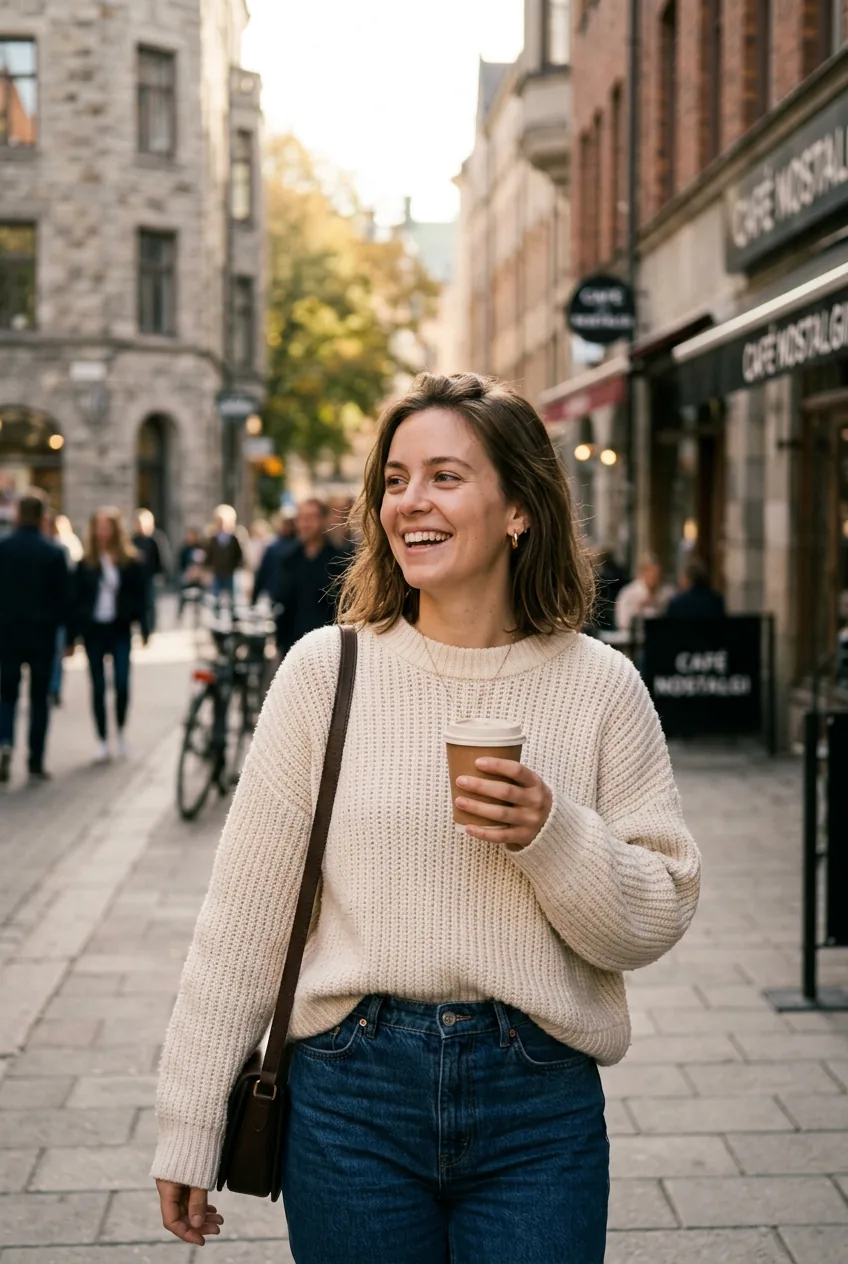 Woman in oversized cream sweater and jeans looking relaxed in morning light on urban sidewalk