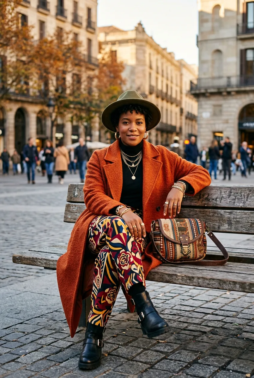 Woman in bold patterned pants and statement coat with multiple accessories