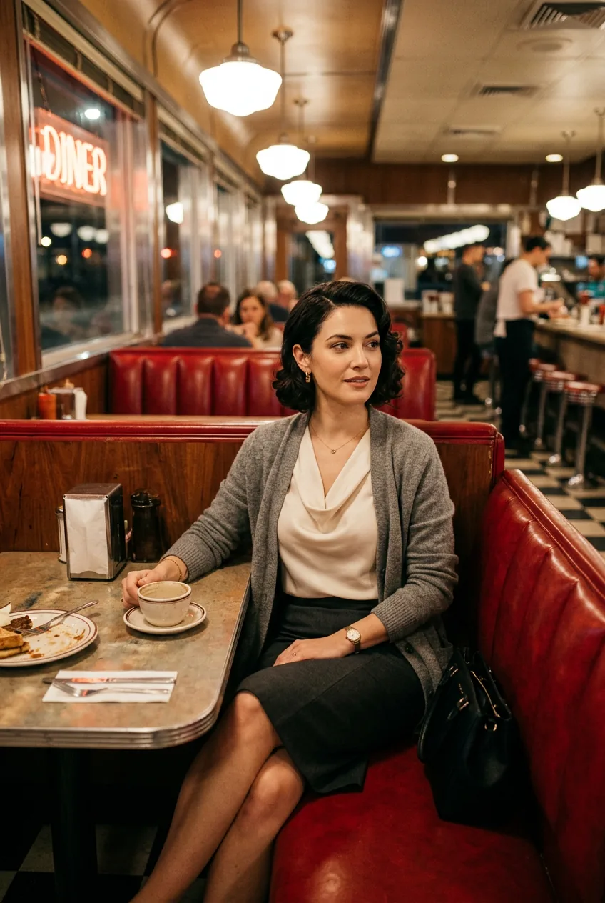 Woman in sleek pencil skirt with soft blouse and cardigan for work dinner transition