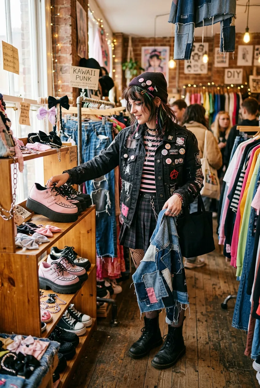 Woman selecting platform sneakers and deconstructed denim from boutique display with ambient lighting
