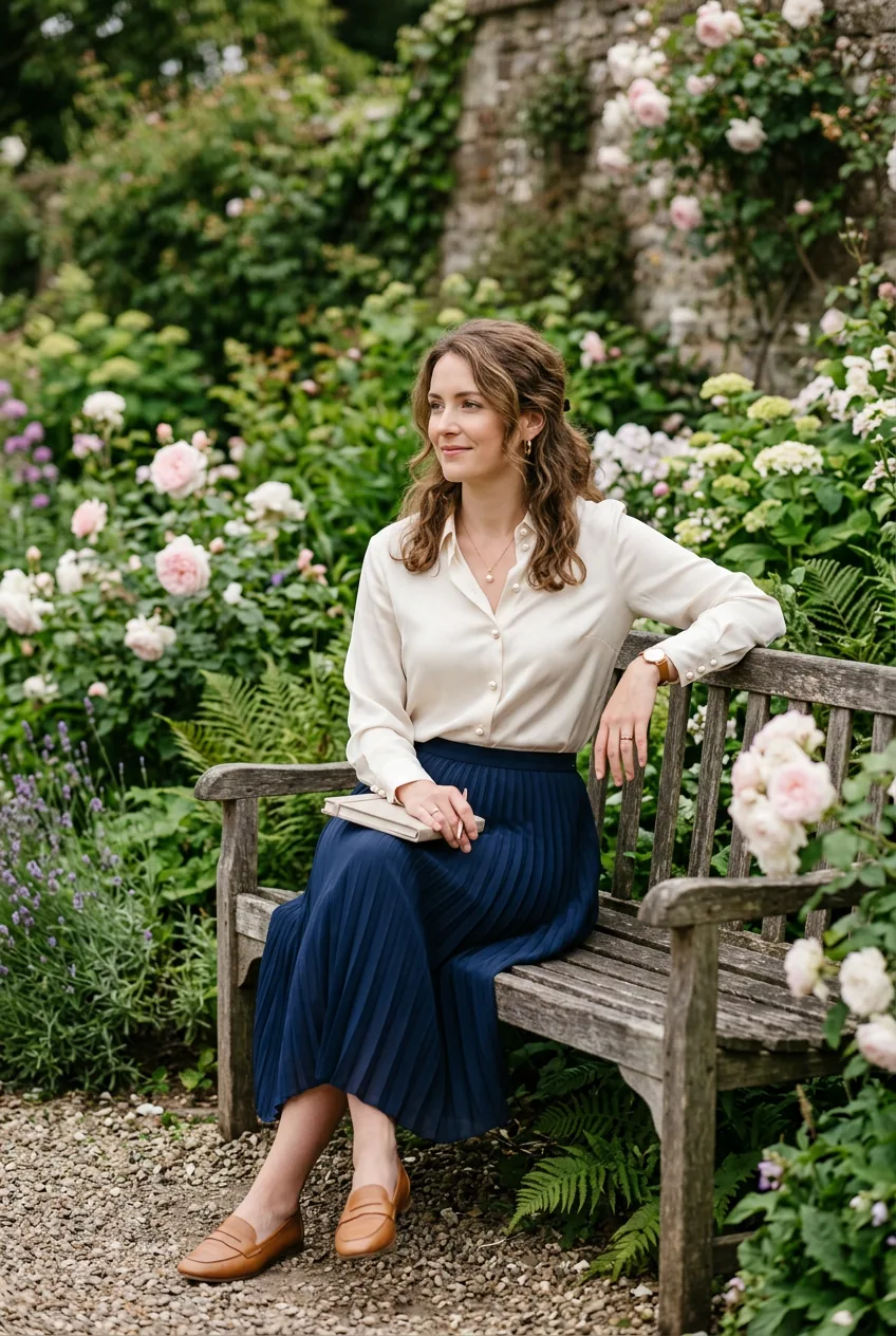 Woman wearing navy pleated midi skirt with cream button-down blouse sitting on garden bench in afternoon light