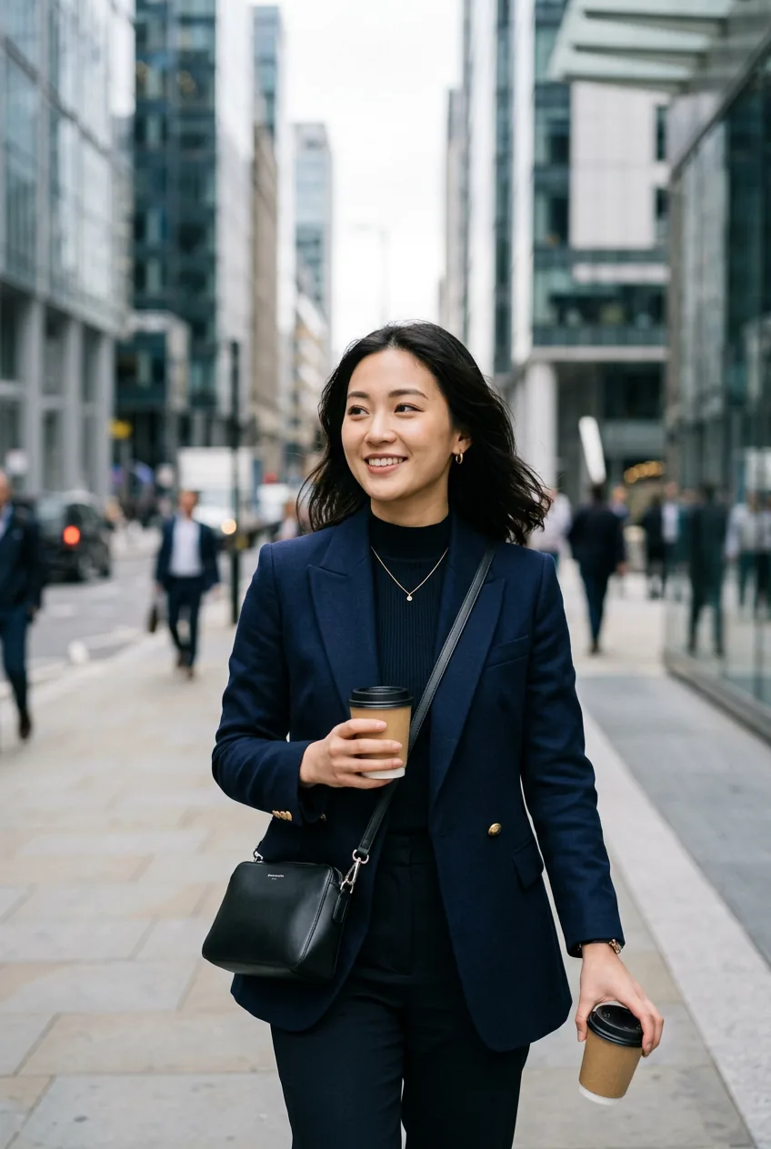 Woman in polished acubi outfit with structured blazer walking in business district
