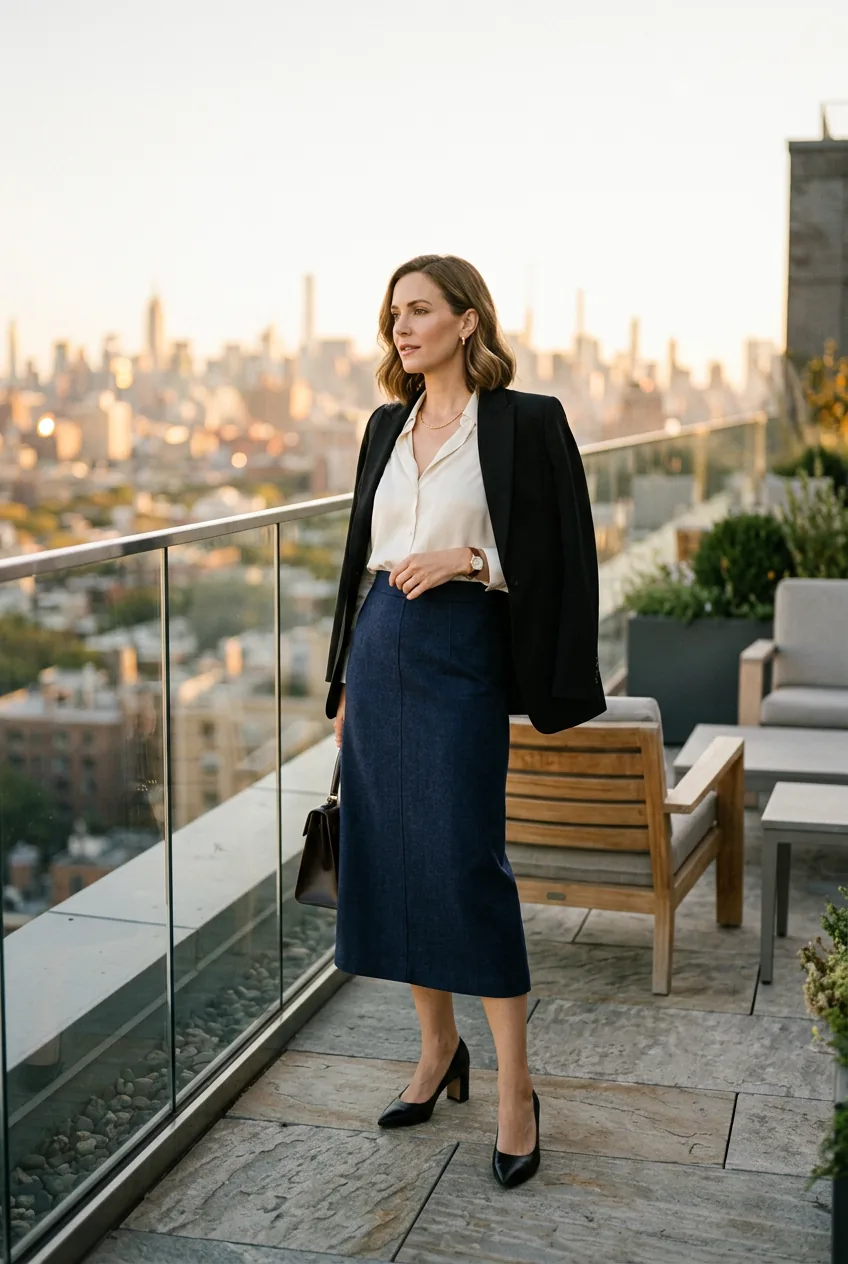 Woman in classic pumps and midi skirt highlighting attention to polished styling details
