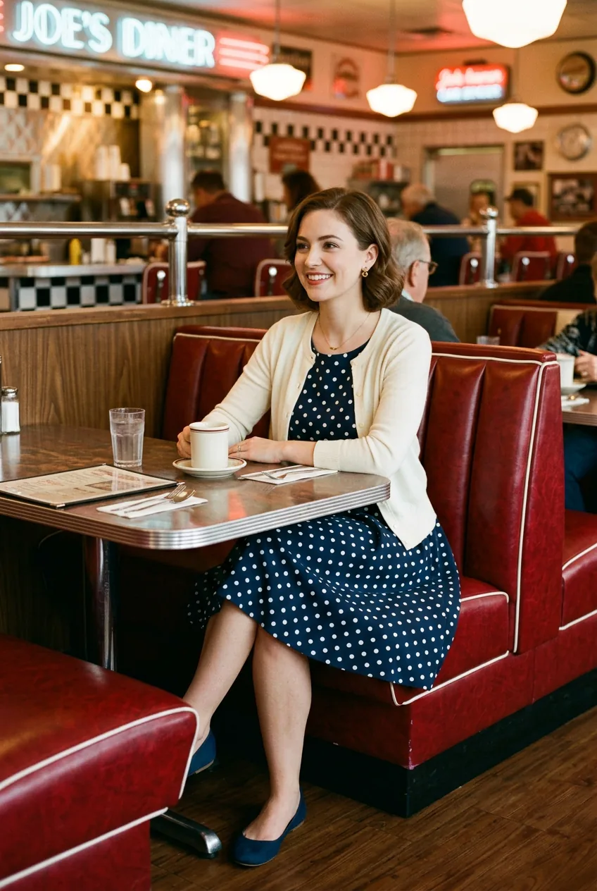 Woman in navy polka dot A-line dress with cardigan and closed-toe flats