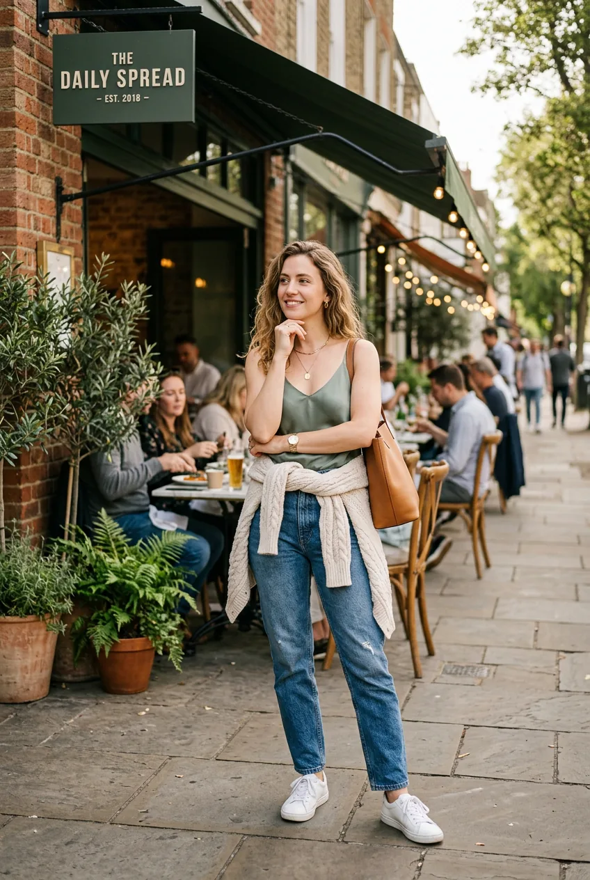 Woman standing outside restaurant with cardigan tied around waist after brunch meal