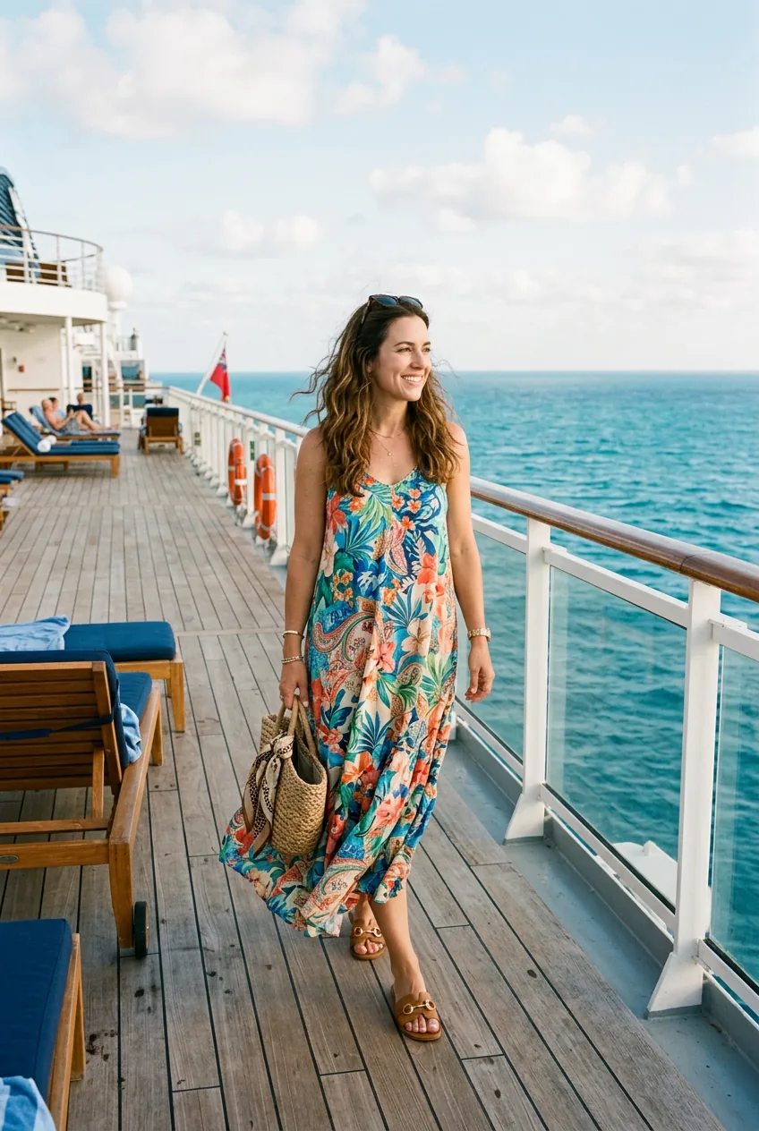 Woman wearing printed maxi dress with sandals on cruise ship deck with ocean view