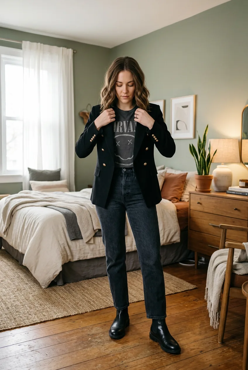 Woman wearing professional grunge adaptation with structured blazer over band tee and clean dark jeans