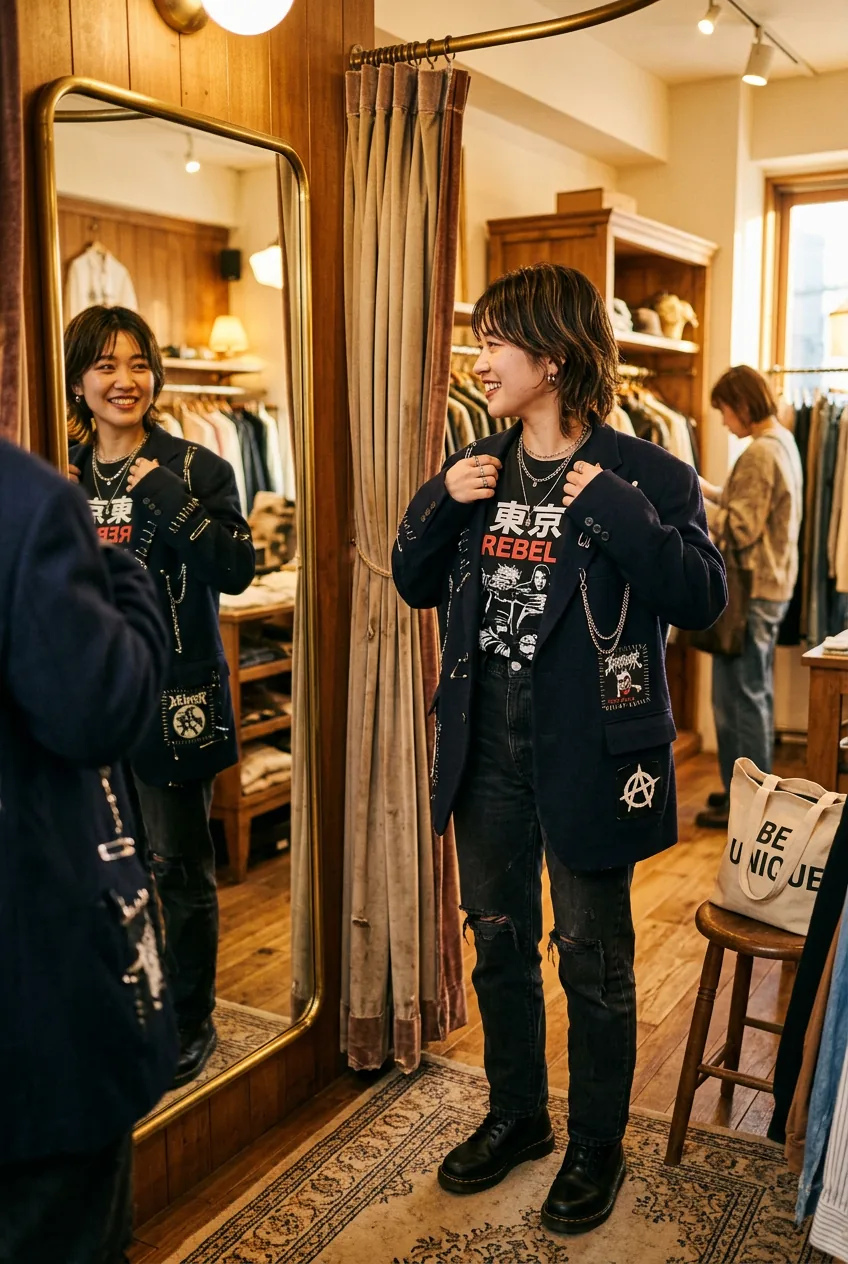 Woman trying on oversized blazer with punk details in golden hour lit fitting room