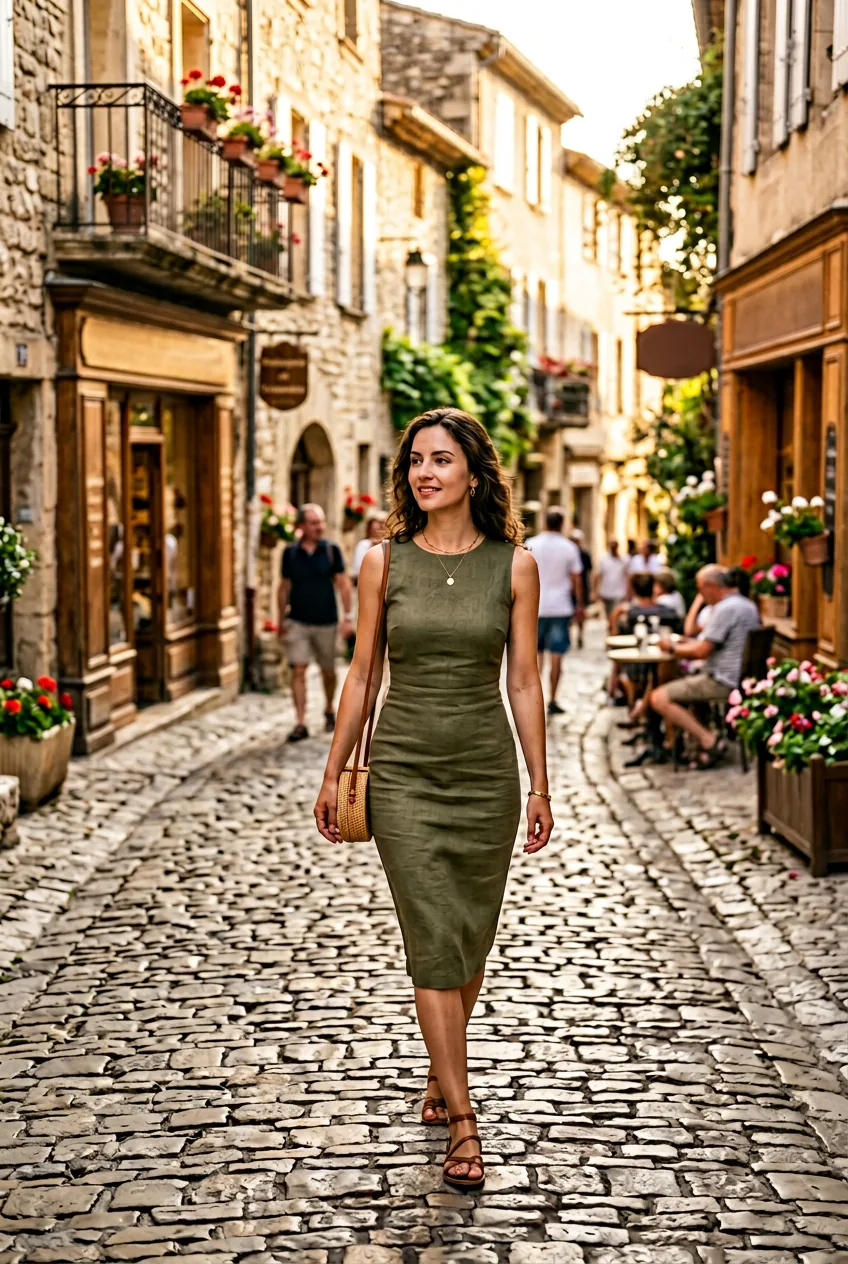 Woman wearing well-tailored fitted dress in quality fabric on warm cobblestone street