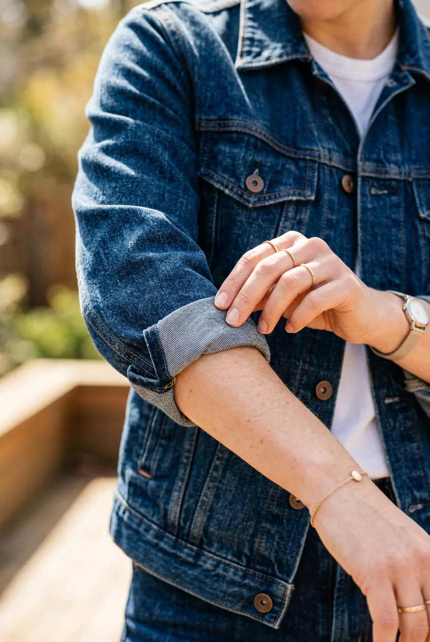 Close-up of hands rolling up denim jacket sleeves creating precise fold at forearm