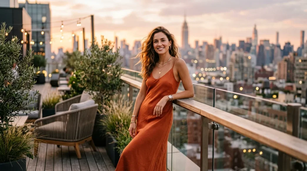 Woman in elegant outfit standing on rooftop terrace during golden hour with city skyline