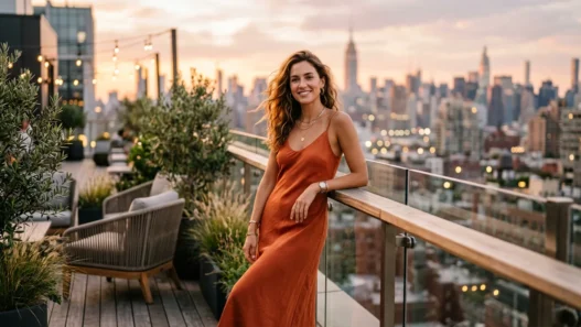 Woman in elegant outfit standing on rooftop terrace during golden hour with city skyline