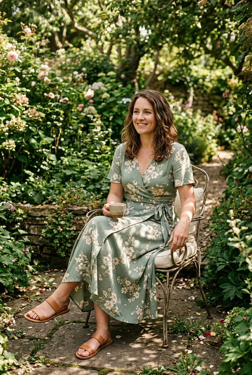 Woman wearing sage green floral wrap dress sitting in garden chair with dappled sunlight