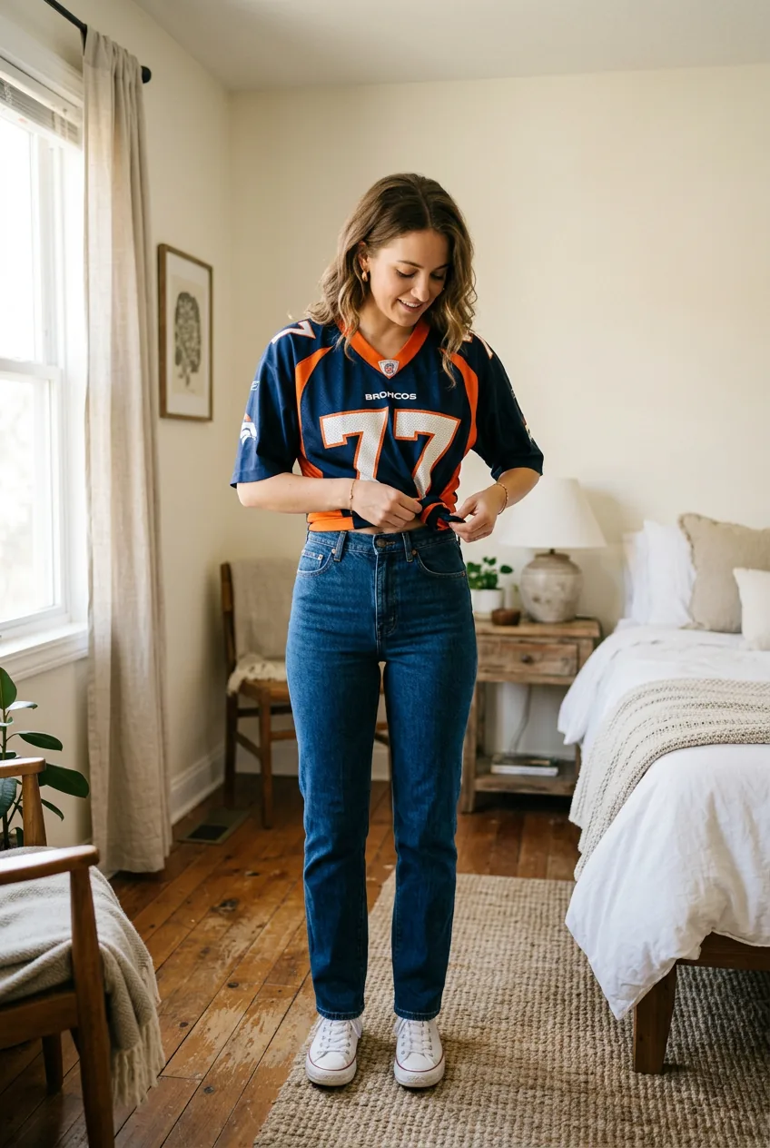 Woman wearing football jersey tied in side knot with high-waisted jeans showing intentional styling