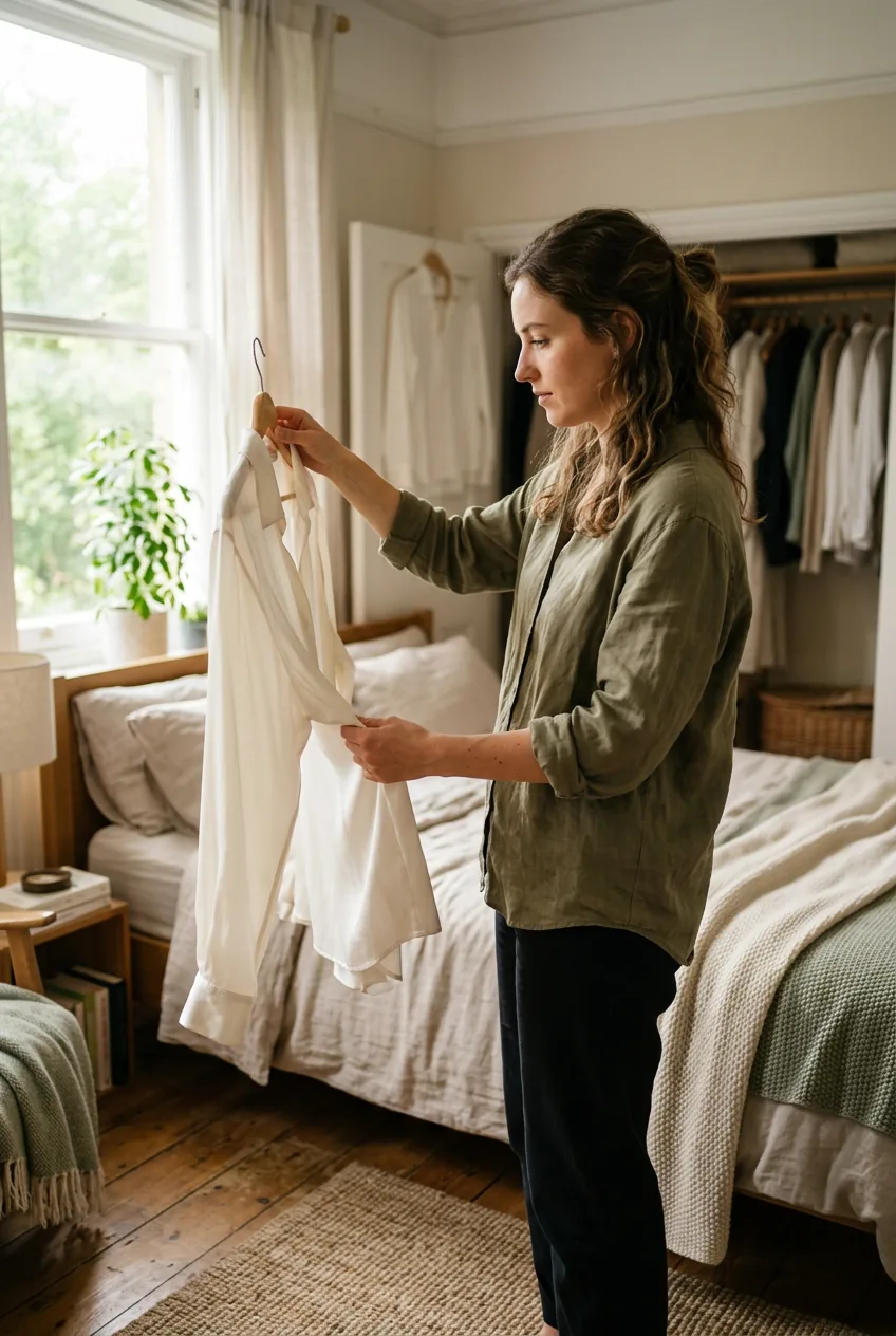 Woman examining flowing silk blouse texture and drape in natural bedroom lighting