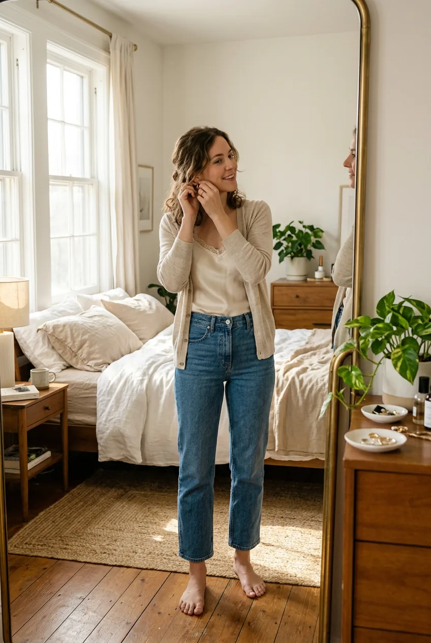 Woman in cream silk camisole and lightweight cardigan getting ready in morning sunlight