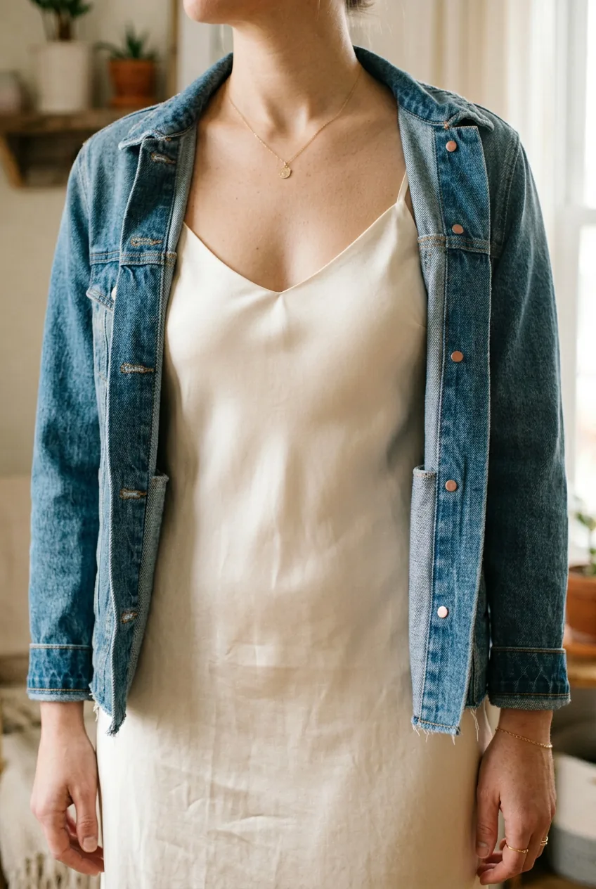 Woman wearing cream silk camisole under open denim jacket showing fabric texture contrast