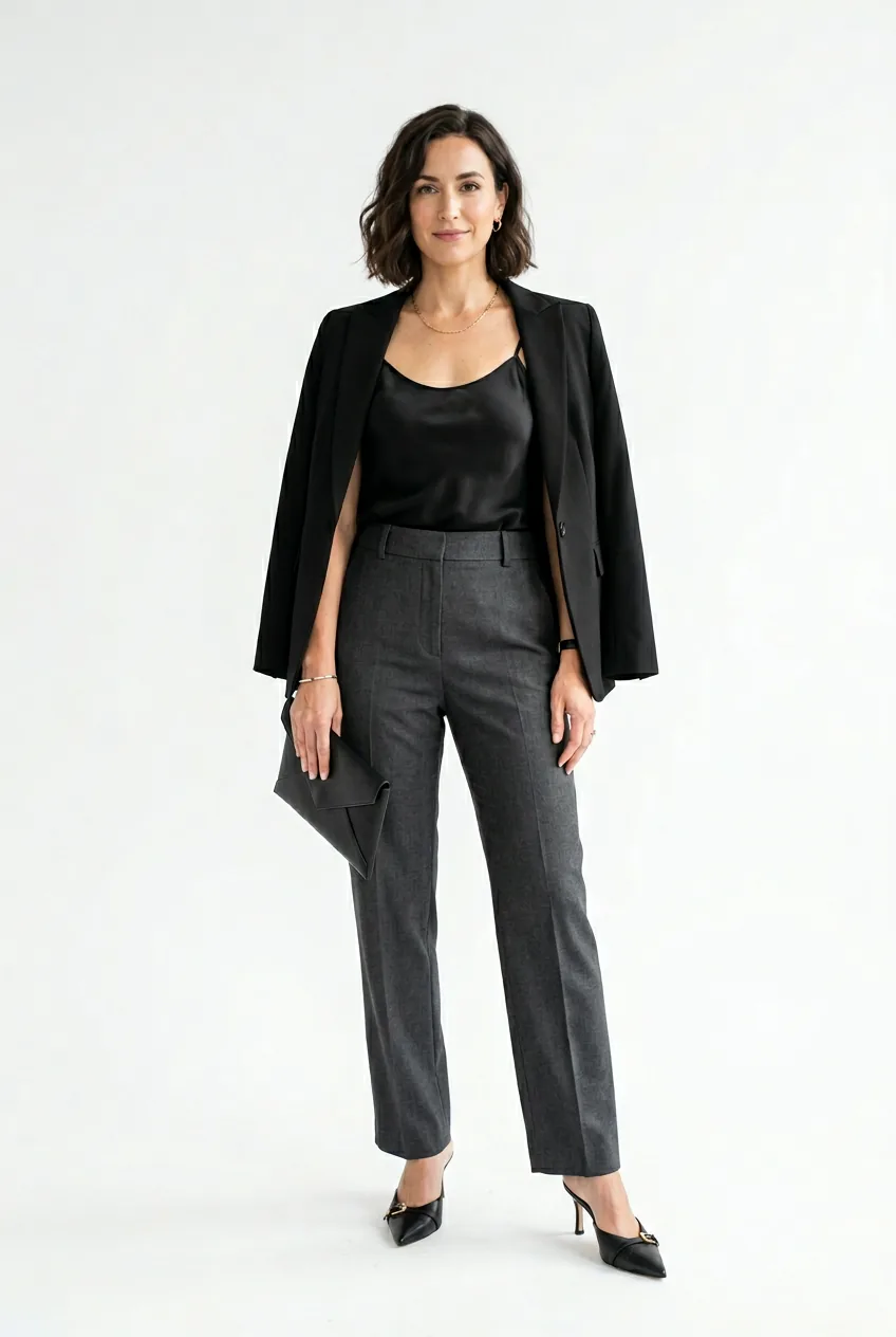 Woman in silk camisole and high-waisted trousers with heeled mules and draped blazer
