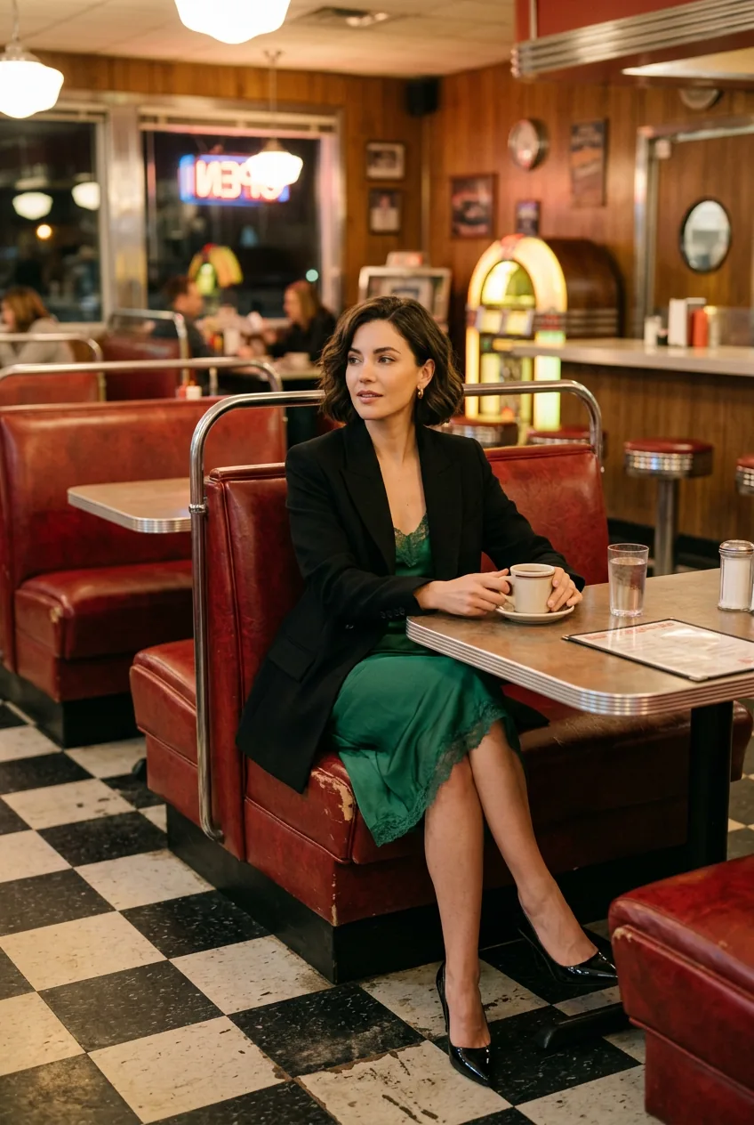 Woman in silk slip dress with tailored blazer and pointed pumps for upscale restaurant