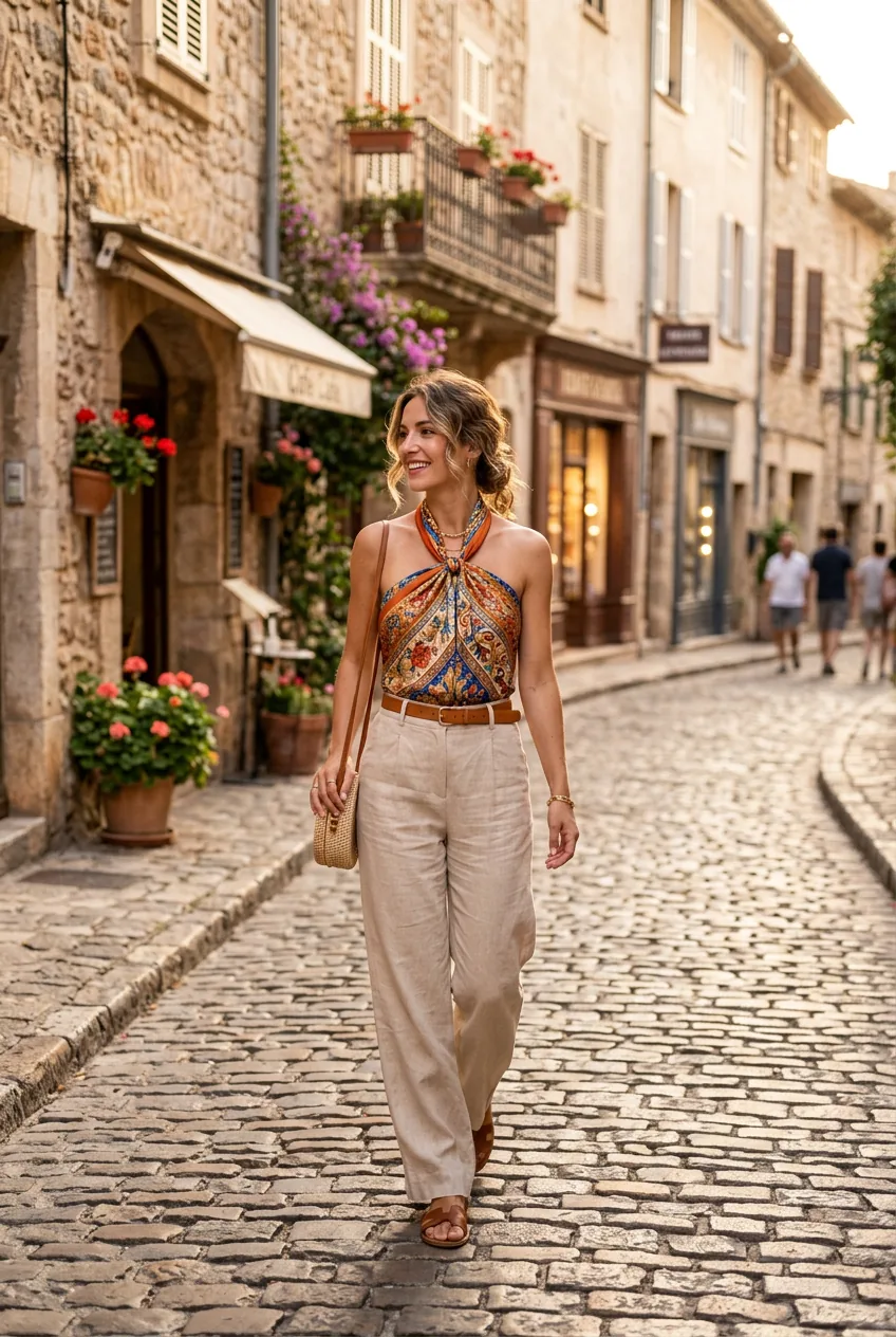 Woman styling silk scarf as halter top with high-waisted trousers on European street