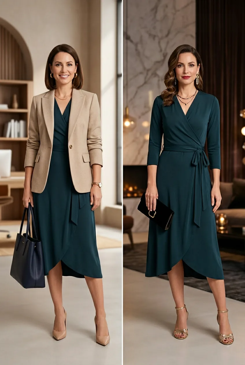 Woman in silk jersey wrap midi dress showing two styling options from office to evening wear