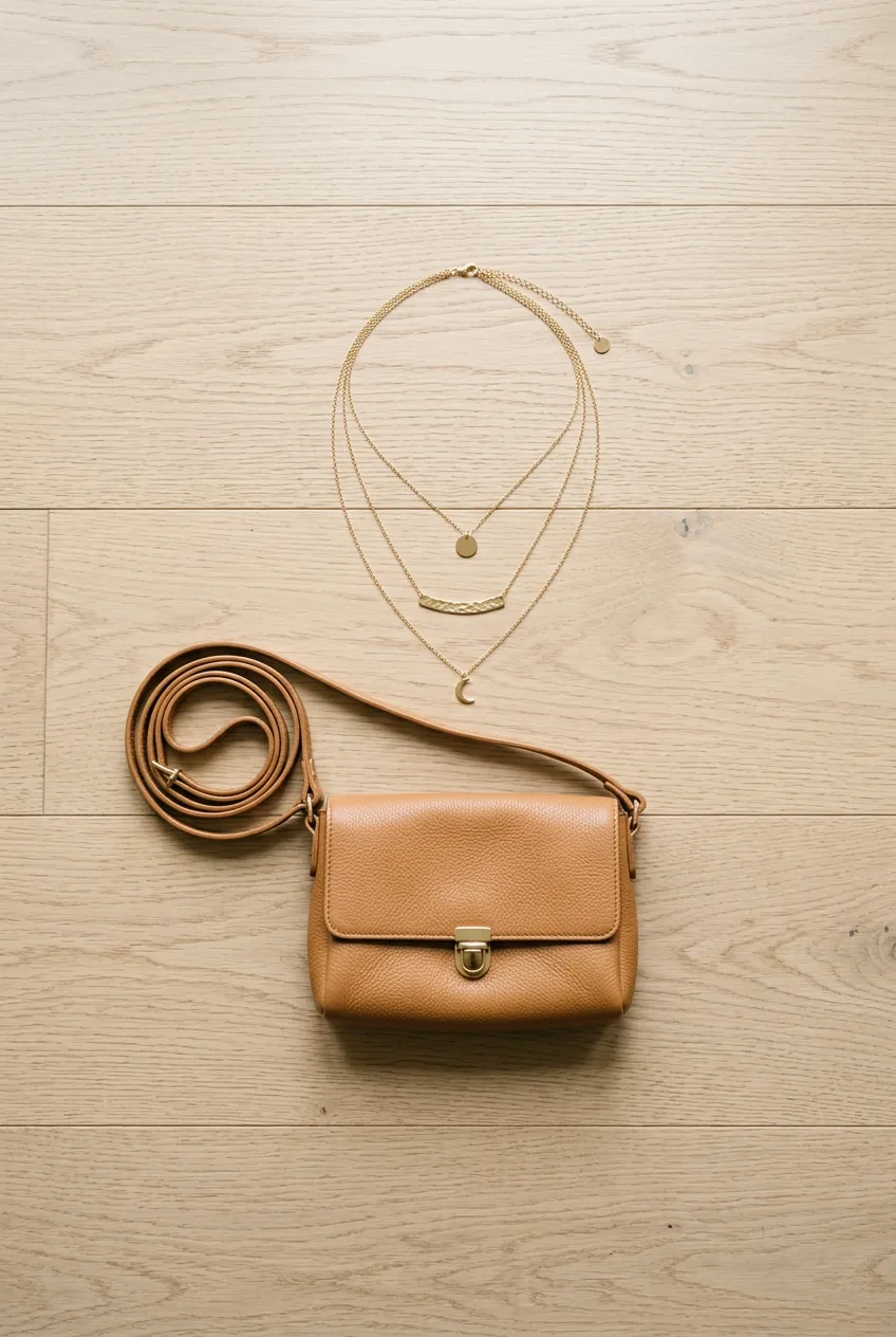 Delicate gold necklace and tan leather crossbody bag arranged minimally on light wood surface