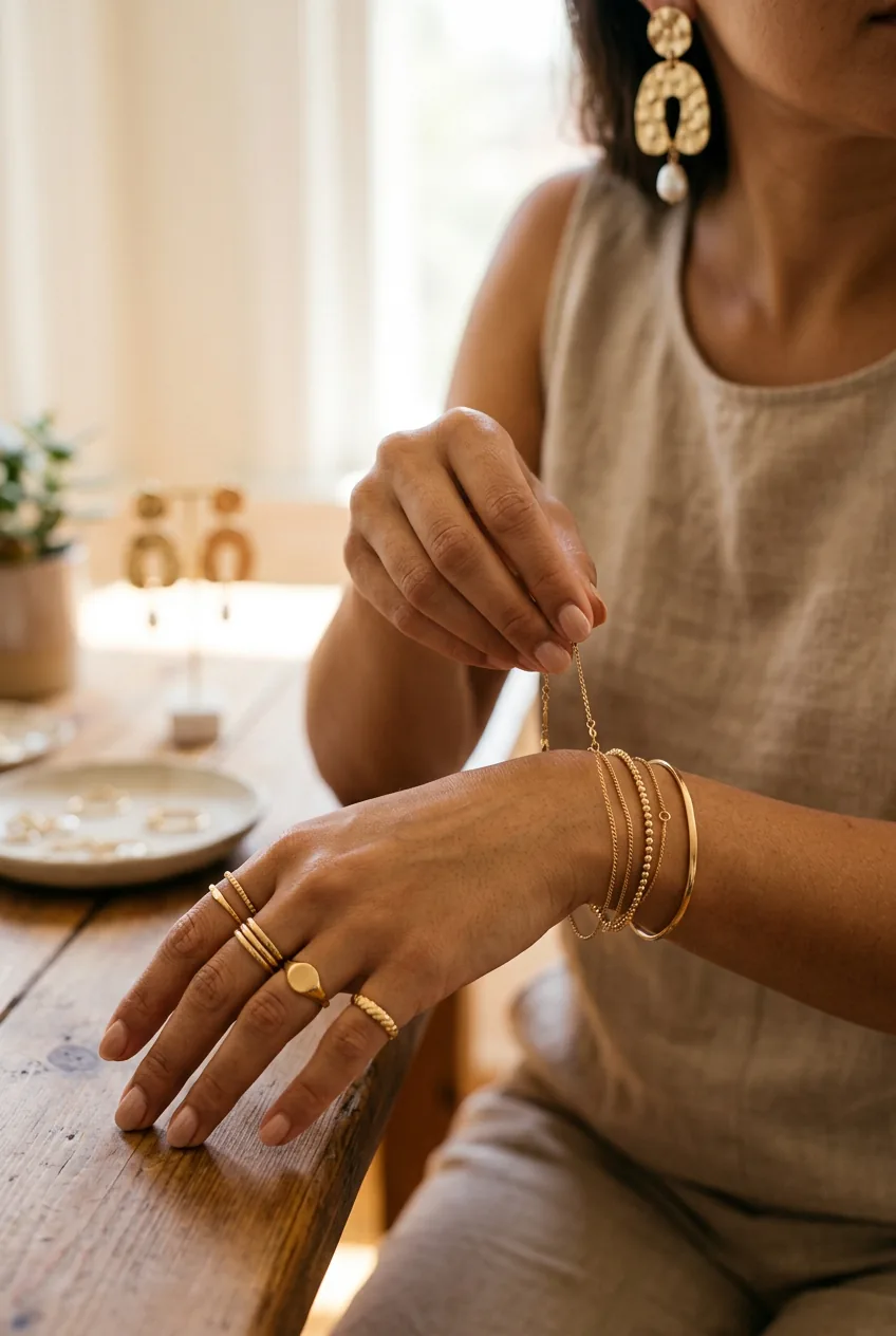 Woman's hands arranging simple gold rings while wearing statement earrings visible in background