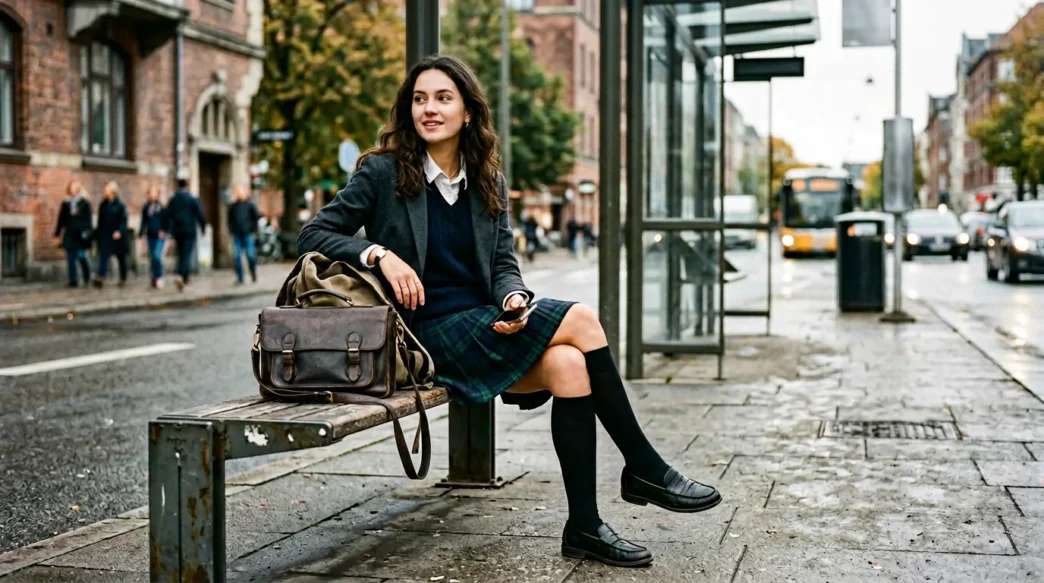 Woman in casual school outfit sitting on bench with handbag in urban setting