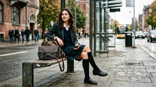 Woman in casual school outfit sitting on bench with handbag in urban setting