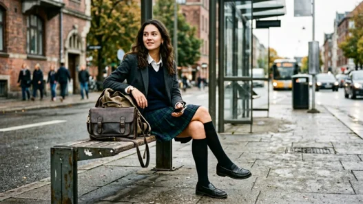Woman in casual school outfit sitting on bench with handbag in urban setting