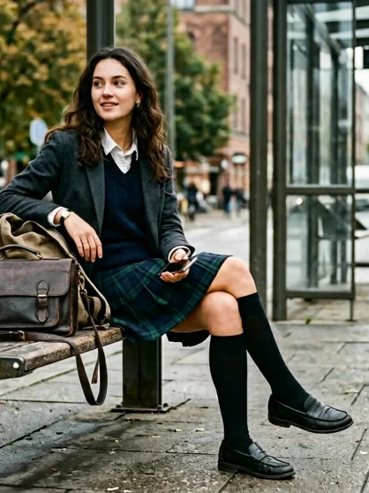 Woman in casual school outfit sitting on bench with handbag in urban setting