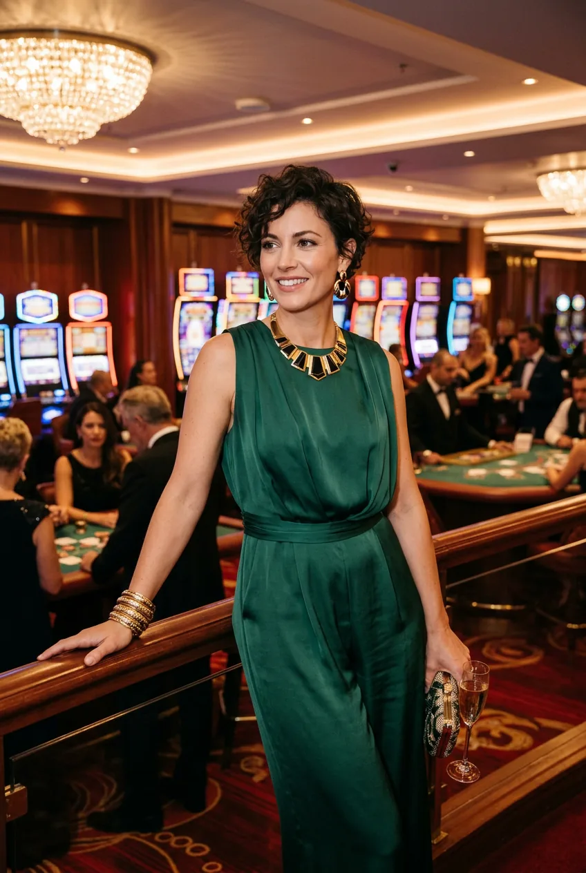Woman in wide-leg jumpsuit with statement jewelry in cruise ship casino with dramatic lighting