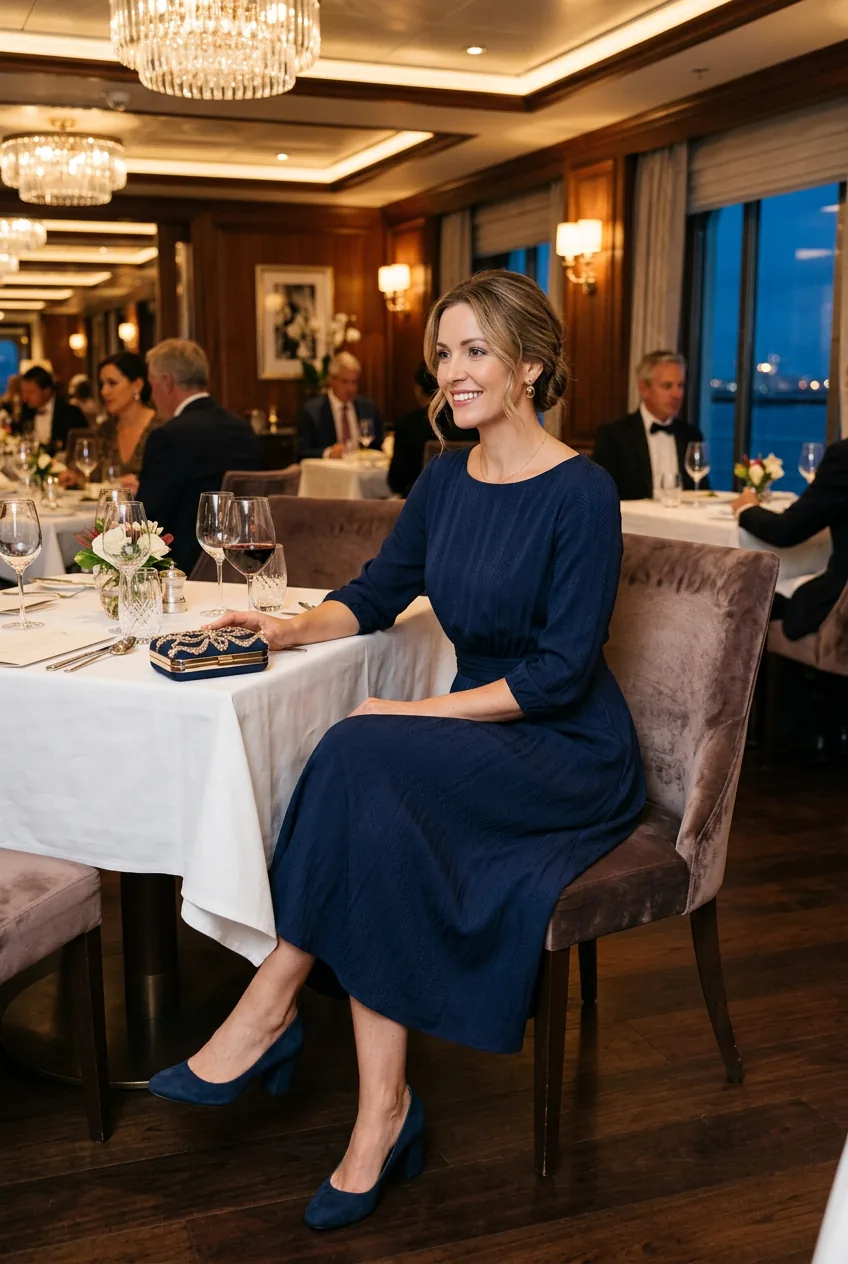 Woman in midi dress with closed-toe shoes holding clutch in upscale restaurant setting