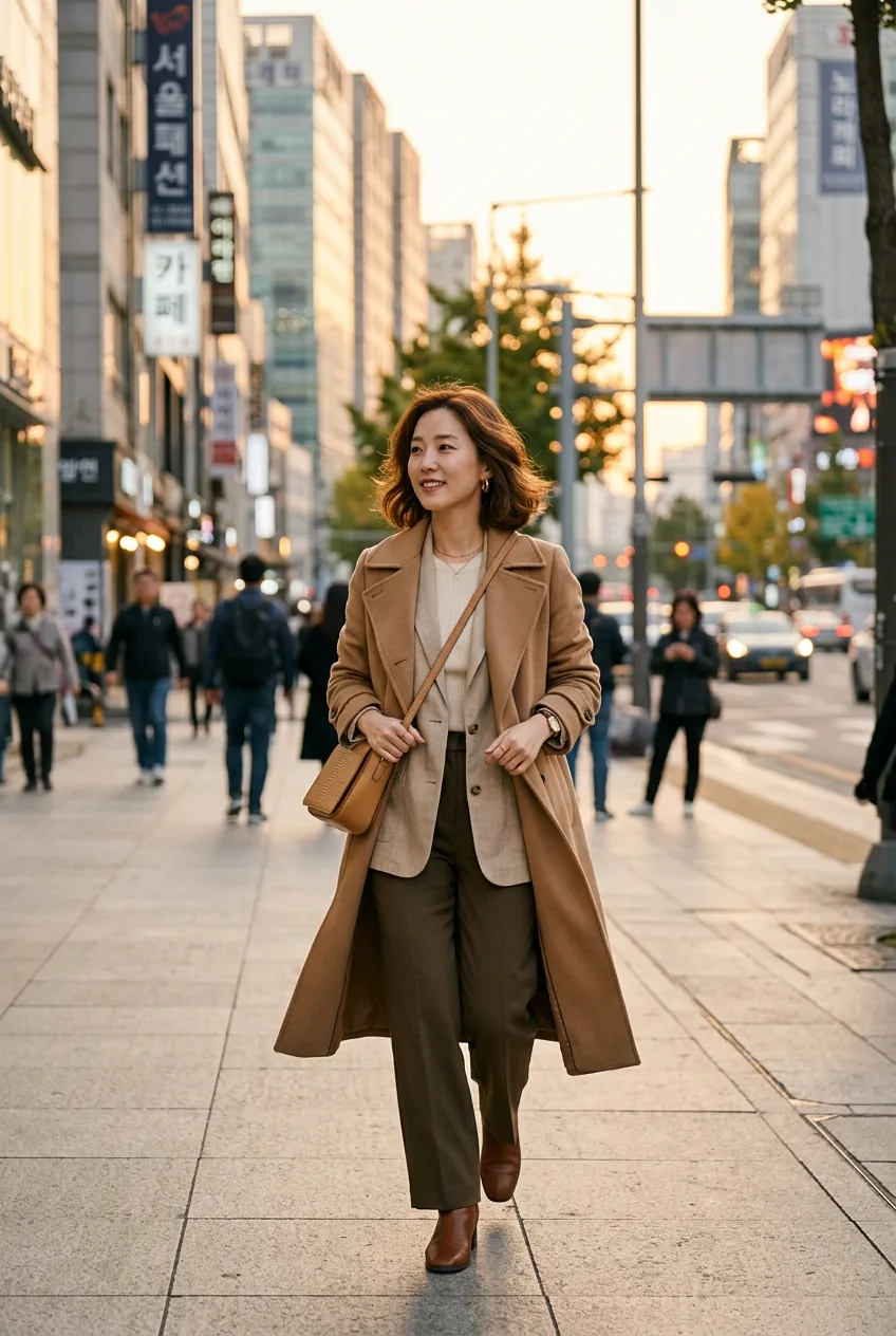 Woman in sophisticated Korean fashion with earth tones and structured layering in modern city